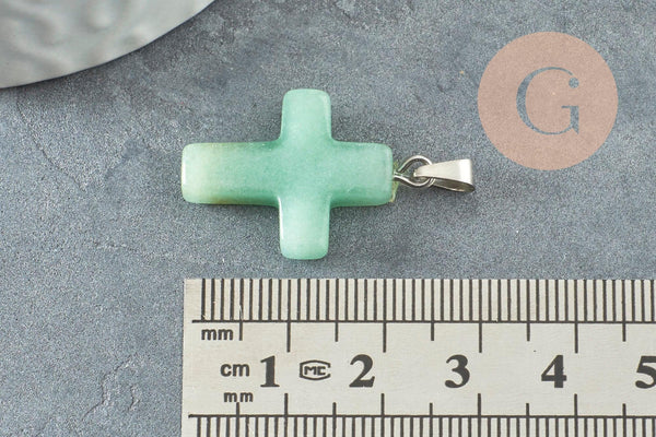 Pendentif croix aventurine verte naturelle laiton platine 15mm, x1 (G1977)