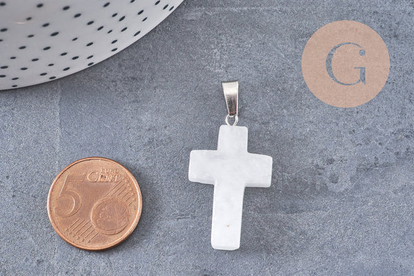 Pendentif croix cristal de roche acier inoxydable 29mm,pendentif pierre, support argent, création bijoux,quartz naturel, x1 (G5842)