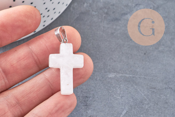 Pendentif croix cristal de roche acier inoxydable 29mm,pendentif pierre, support argent, création bijoux,quartz naturel, x1 (G5842)