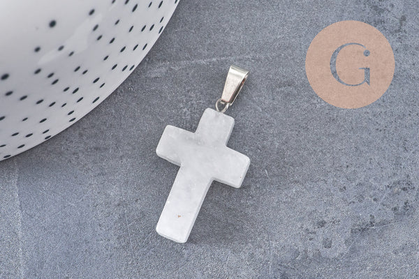 Pendentif croix cristal de roche acier inoxydable 29mm,pendentif pierre, support argent, création bijoux,quartz naturel, x1 (G5842)