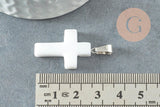 Pendentif croix jade naturel blanc acier inoxydable 29mm,pendentif pierre, support argent, création bijoux pierre, x1 (G1696)
