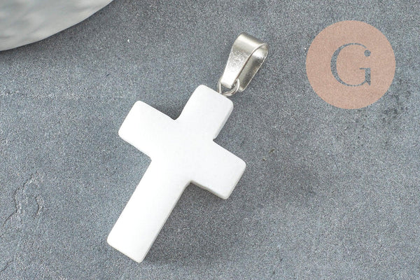 Pendentif croix jade naturel blanc acier inoxydable 29mm,pendentif pierre, support argent, création bijoux pierre, x1 (G1696)