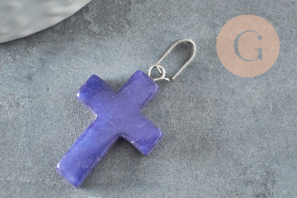 Pendentif croix jade naturel bleu acier inoxydable 29mm,pendentif pierre, support argent, x1 (G0499)