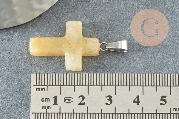 Pendentif croix jade naturel jaune topaze acier inoxydable 29mm,pendentif pierre, support argent, création bijouxjade naturel, x1 G5699