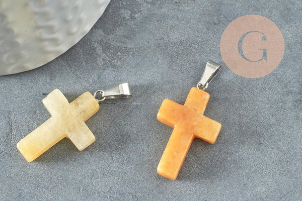 Pendentif croix jade naturel jaune topaze acier inoxydable 29mm,pendentif pierre, support argent, création bijouxjade naturel, x1 G5699