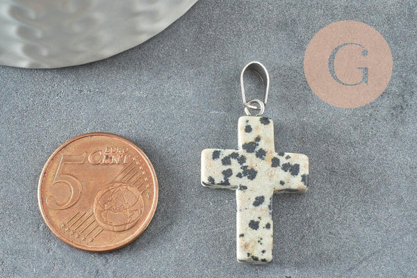 Pendentif croix jaspe dalmatien naturel acier inoxydable 29mm,pendentif pierre, support argent, création bijoux, x1 (G1695)