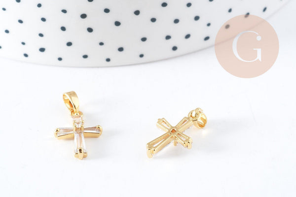 Pendentif croix laiton doré 18k zircons blancs transparents 17mm, création bijoux porte bonheur en zircon, x1 (G8968)