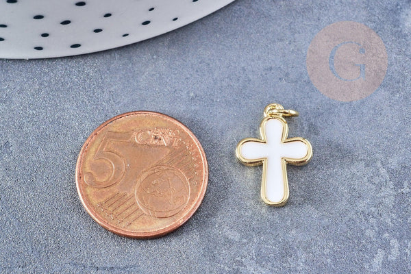 Pendentif croix laiton doré18K émail blanc 18mm,pendentif doré pour création de bijoux,x1 G8583