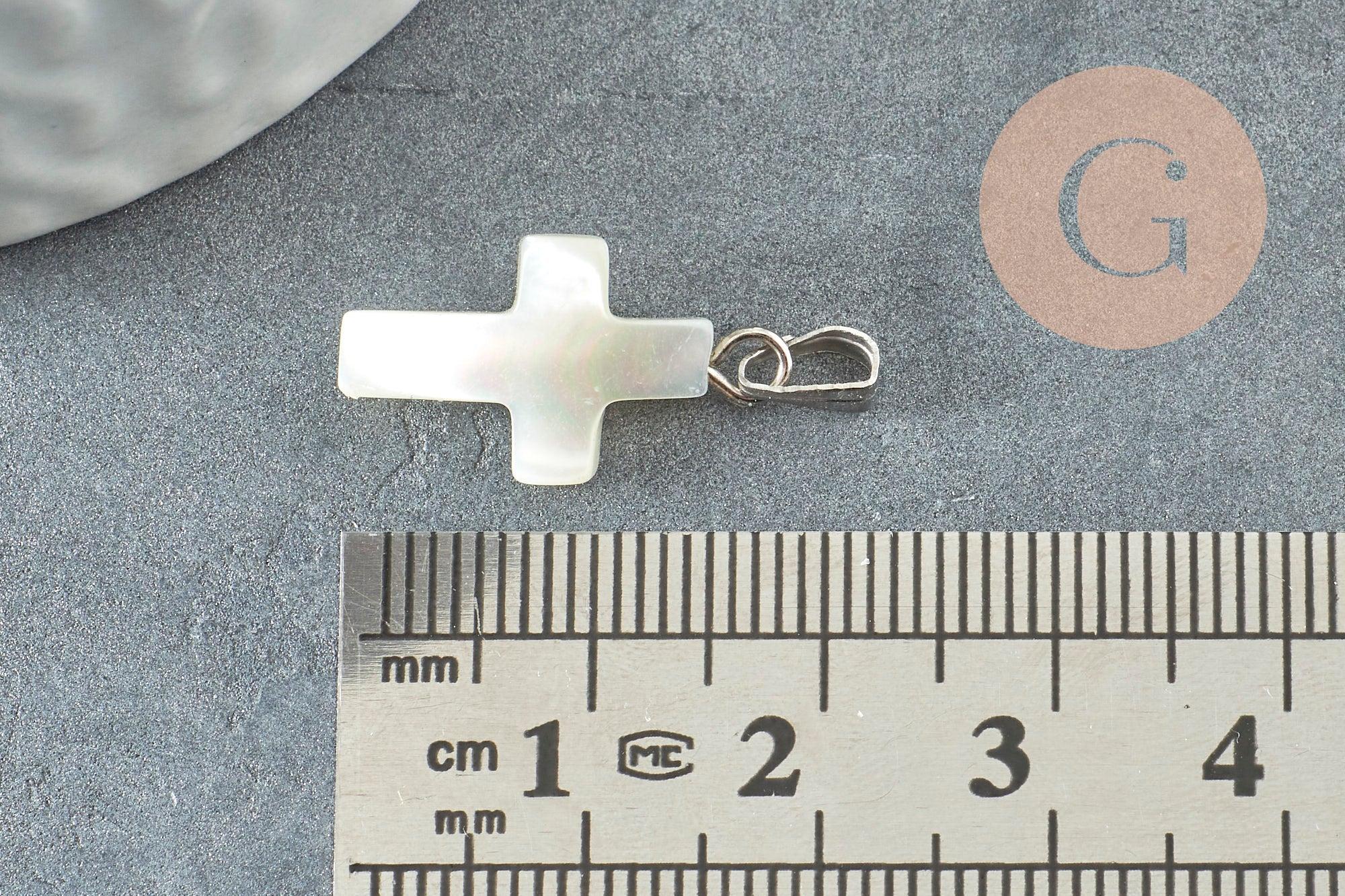 Pendentif croix nacre blanche naturelle zamac argenté 22mm, pendentif coquillage pour création bijoux, x1 (G6329)