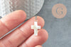 Pendentif croix nacre blanche naturelle zamac argenté 22mm, pendentif coquillage pour création bijoux, x1 (G6329)