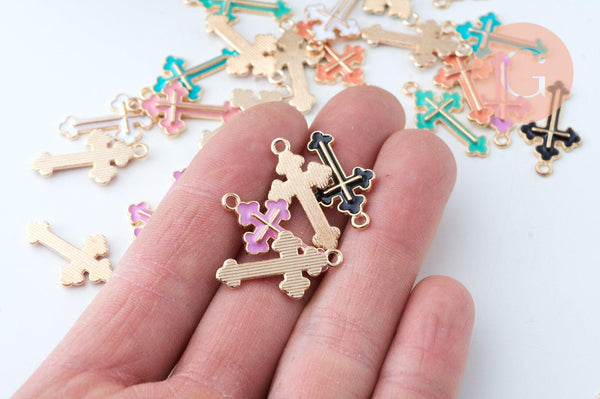 Pendentif croix zamac doré émail multicolore 25mm, x5 (G6089)