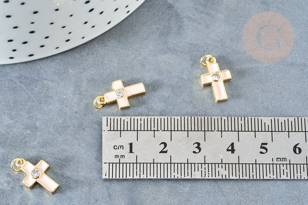 Pendentif croix zircon rond laiton doré émail rose 15mm,pendentif création bijoux religion, x1 G8331