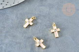 Pendentif croix zircon rond laiton doré émail rose 15mm,pendentif création bijoux religion, x1 G8331