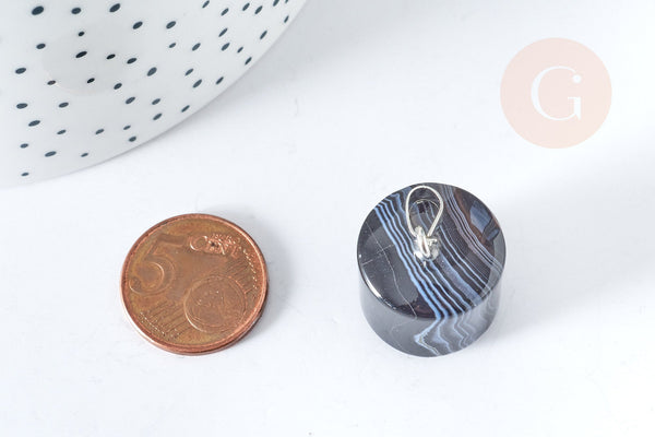 Pendentif cylindre agate rayée gris noir fer platine 20-25mm ,pierre naturelle, x1 (G8398)