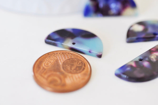 Pendentif demi-cercle bleu indigo 23mm, perle acétate,connecteur plastique, x2 ou x10 G2881