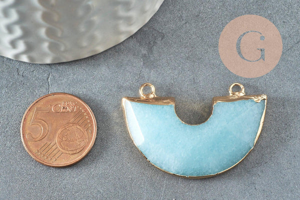 Pendentif demi-cercle jade bleu fer doré 41mm, pendentif bijou pierre naturelle, x1 G2308