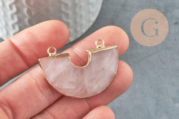 Pendentif demi-cercle quartz rose naturel fer doré 41mm, pendentif bijoux,fabrication collier,pendentif pierre naturelle x1 G0298