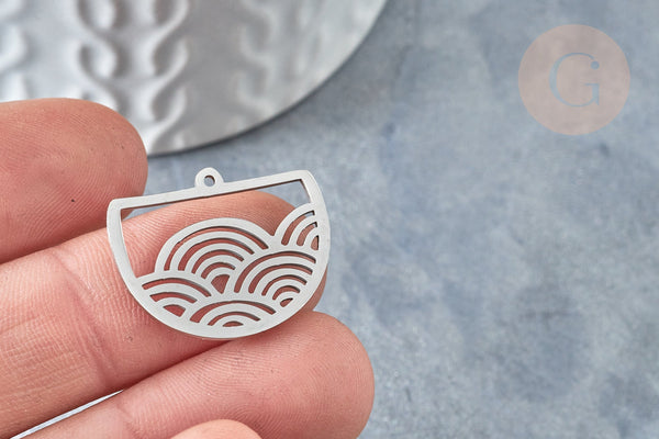 Pendentif demi-cercle vagues argenté acier inoxydable 24mm, création bijoux acier inoxydable, x1 G7608