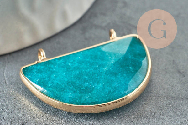 Pendentif demi-lune jade naturel teinté turquoise laiton doré 32mm, x1 (G1167)