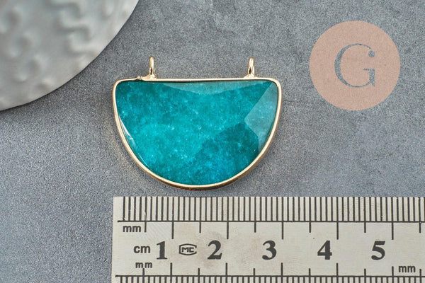 Pendentif demi-lune jade naturel teinté turquoise laiton doré 32mm, x1 (G1167)