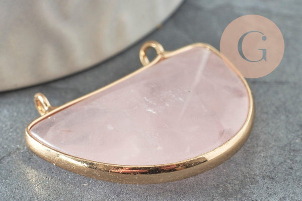 Pendentif demi-lune quartz rose naturel laiton doré 32mm,création bijoux litothérapie, x1 G0740