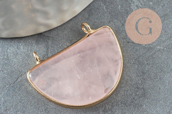 Pendentif demi-lune quartz rose naturel laiton doré 32mm,création bijoux litothérapie, x1 G0740