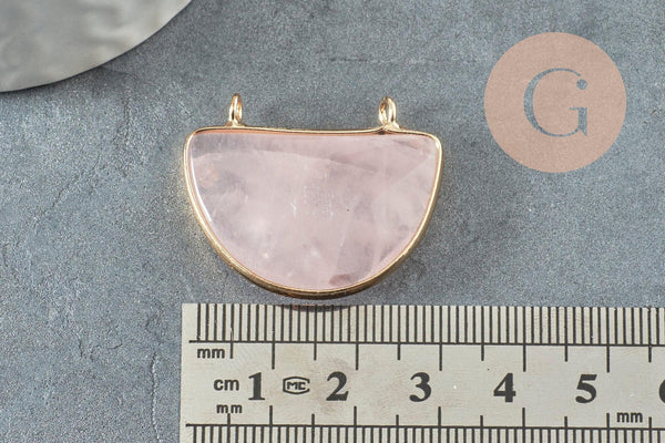 Pendentif demi-lune quartz rose naturel laiton doré 32mm,création bijoux litothérapie, x1 G0740