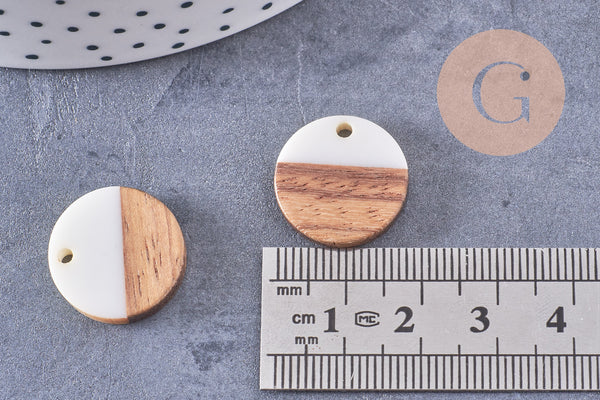 Pendentif disque bois résine blanche 18mm, x5 (G0330)