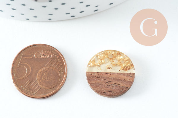 Pendentif disque bois résine paillettes, bois naturel, perle bois rond, perle ronde, bois,18mm, x5 G4540