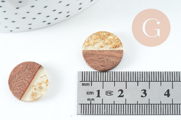 Pendentif disque bois résine paillettes, bois naturel, perle bois rond, perle ronde, bois,18mm, x5 G4540