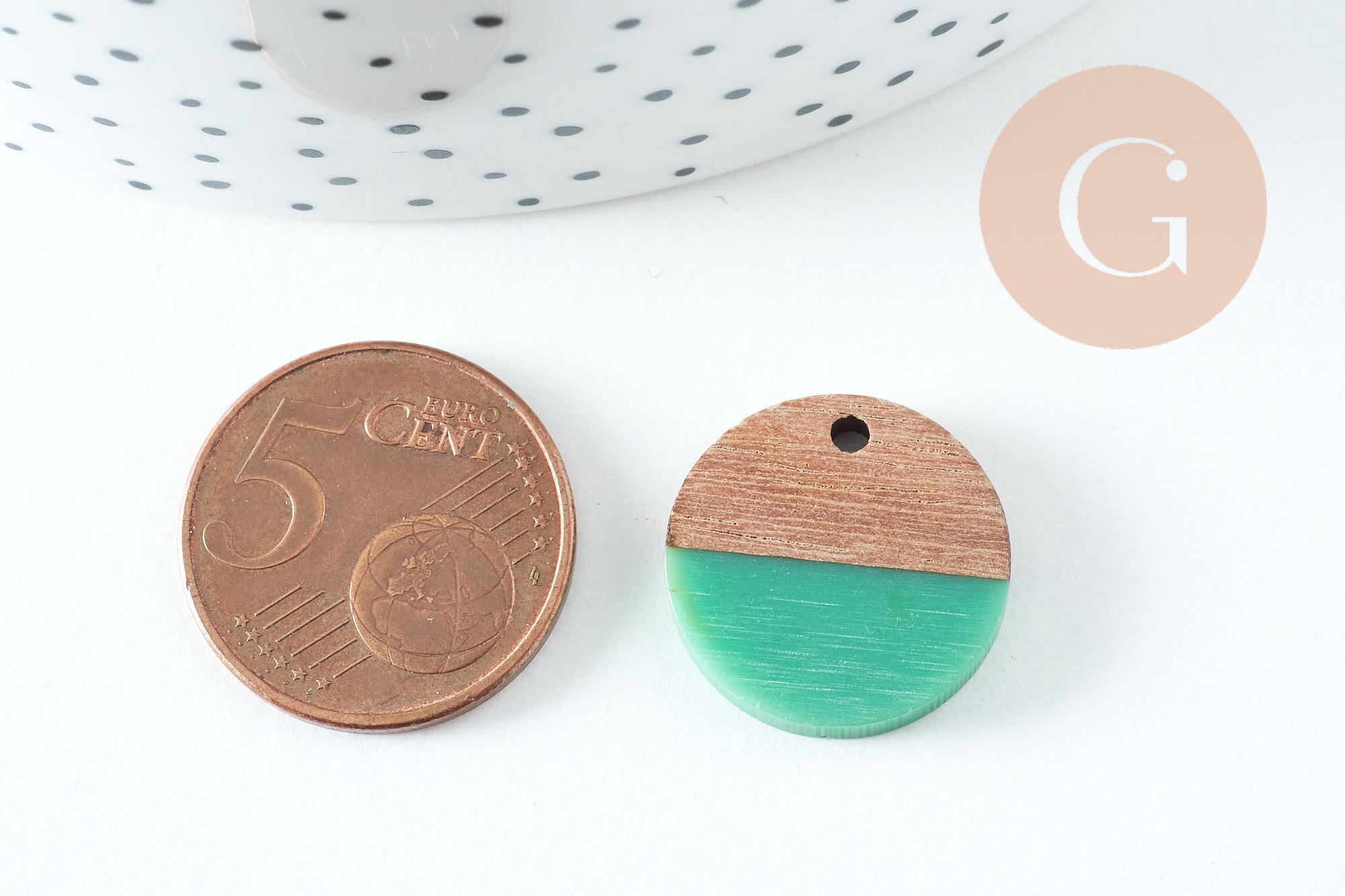 Pendentif disque bois résine verte 18mm, x5 G0329