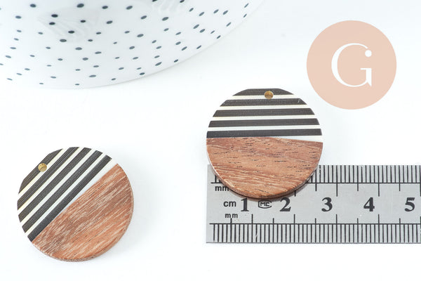 Pendentif disque en bois de noyer résine rayée noir & blanc 28.5mm,x2 (G3784)