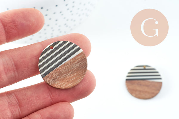 Pendentif disque en bois de noyer résine rayée noir & blanc 28.5mm,x2 (G3784)