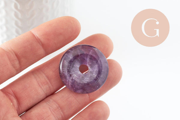 Pendentif donut améthyste naturelle pour création de bijou en pierre, pendentif pierre cercle,30mm, x1 (G3896)