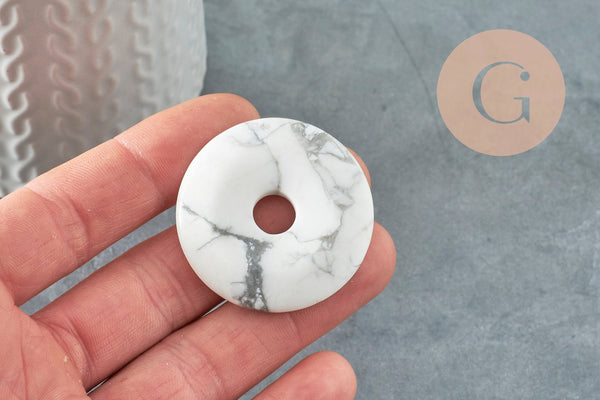 Pendentif donut howlite blanche marbrée,pendentif bijoux pierre, howlite naturelle,39-40mm, x1 (G4367)