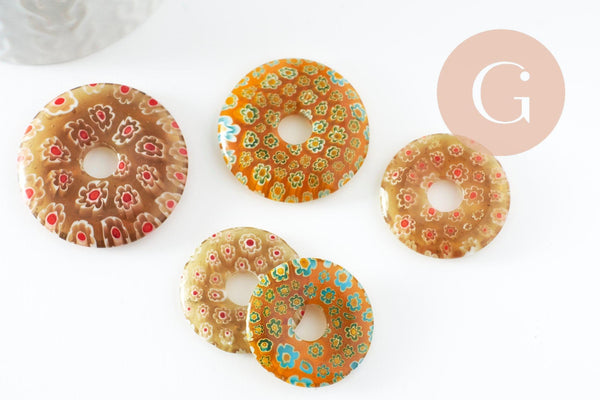 Pendentif donut millefiori murano multicolore 29-39mm x1 (G1451)