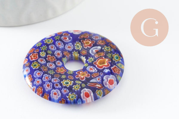 Pendentif donut millefiori murano multicolore 29-39mm x1 (G1451)