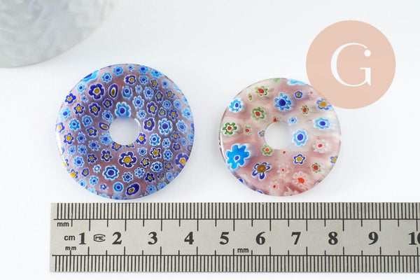 Pendentif donut millefiori murano multicolore 29-39mm x1 (G1451)