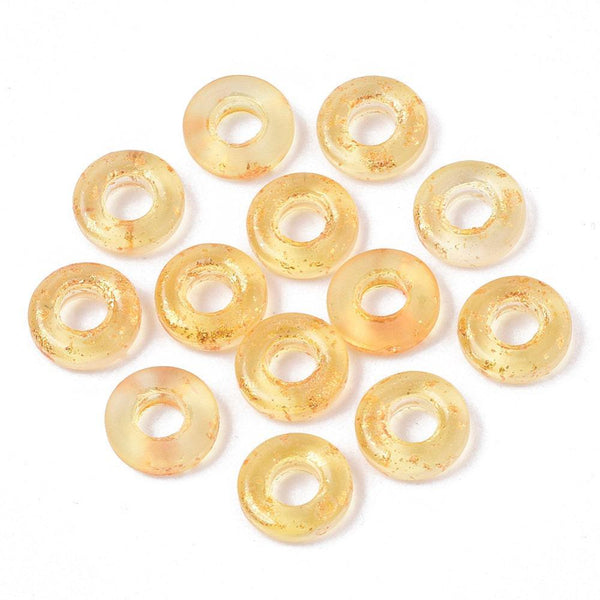 Pendentif donut verre jaune et feuille d'or, un pendentif rond verre pour vos créations de bijoux,15x3mm, x 10 (3.5g) G3505
