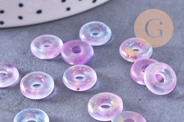 Pendentif donut verre violet rose feuille d'or 10x3mm, x10 (G10627)