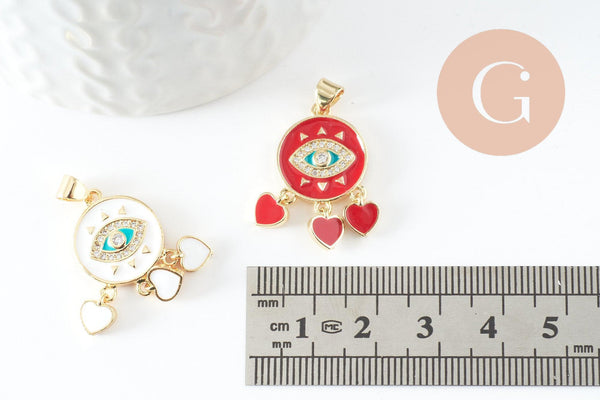 Pendentif doré oeil et coeur émail résine zircon, Pendentif pour femme en métal doré pour la création de bijoux,26.5mm, x1 (G3577)