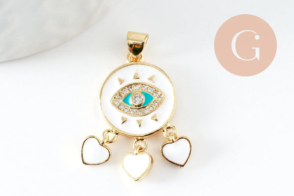Pendentif doré oeil et coeur émail résine zircon, Pendentif pour femme en métal doré pour la création de bijoux,26.5mm, x1 (G3577)