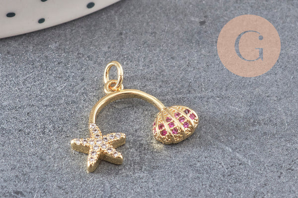 Pendentif double étoile de mer coquillage laiton doré zircon 17mm, pendentif or avec cristaux création de bijoux, x1 (G8695)