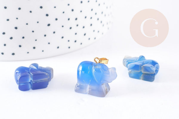 Pendentif éléphant agate bleue support doré, pendentif pierre agate naturelle bleue, pierre naturelle, 18.5mm, x1 G3903