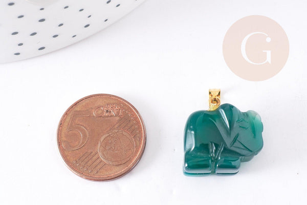Pendentif éléphant agate verte support doré, pendentif pierre agate naturelle verte, 18.5mm, x1 (G3902)