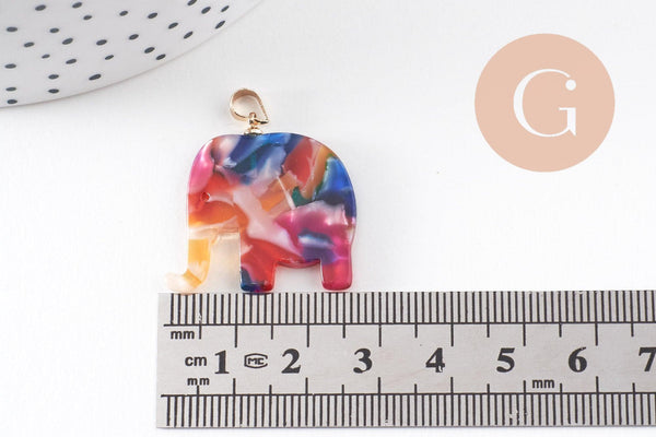 Pendentif éléphant écaille multicolore, acétate et laiton doré, création bijoux, perles plastique,27mm, x1 (G4038)