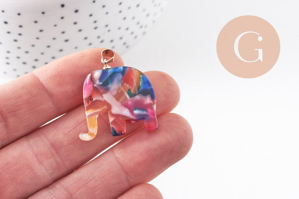 Pendentif éléphant écaille multicolore, acétate et laiton doré, création bijoux, perles plastique,27mm, x1 (G4038)