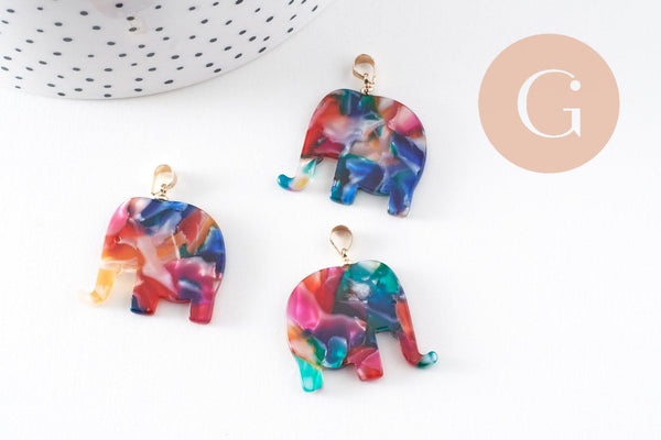 Pendentif éléphant écaille multicolore, acétate et laiton doré, création bijoux, perles plastique,27mm, x1 (G4038)