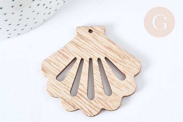 Pendentif en bois coquillage ajouré 52mm, x2 (G7275)
