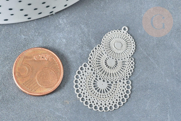 Pendentif estampe filigrane dentelle acier 201 inoxydable platine 40mm, x2 (G8014)